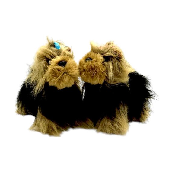 Unbranded Brown‎ and Tan Pair Of Fluffy Yorkie Plush Dogs With Bows in Fur - Picture 1 of 11